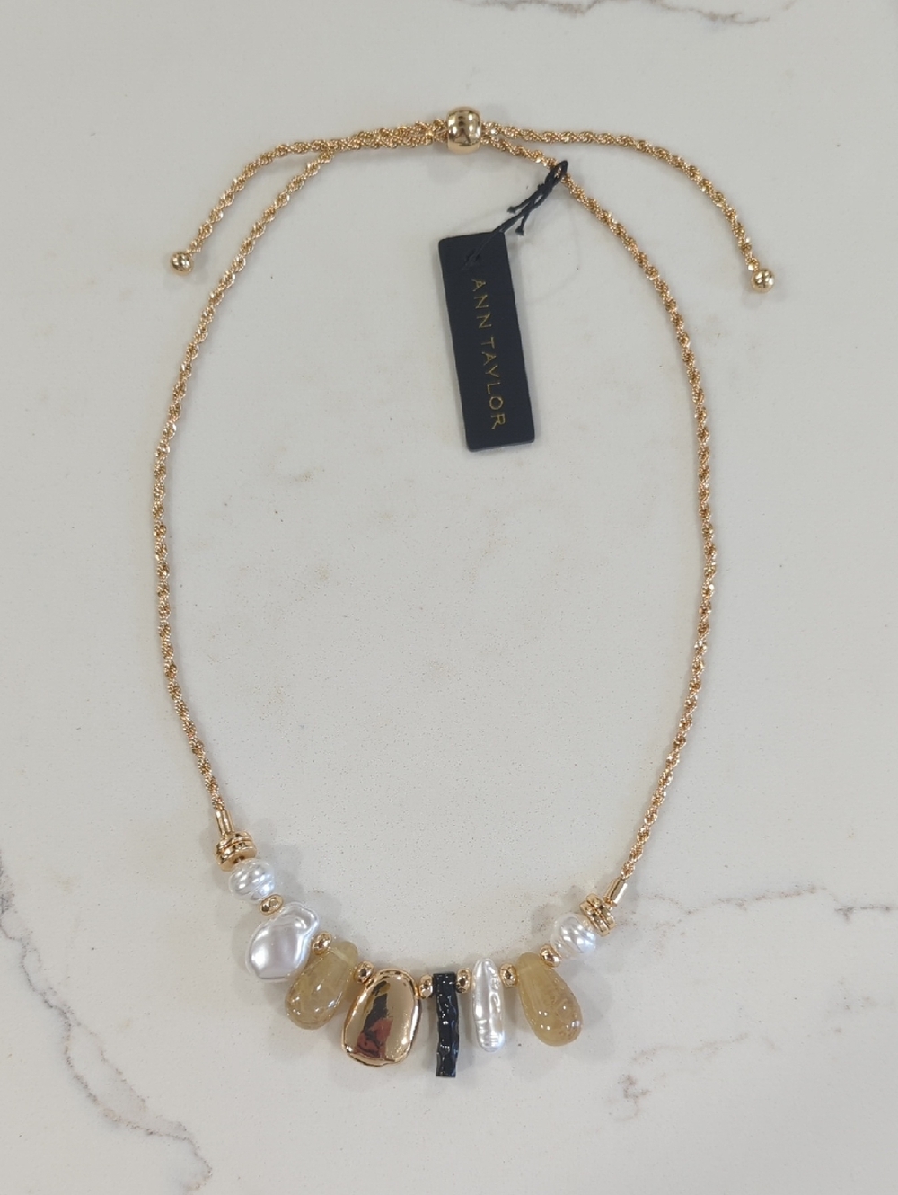 Ann Taylor Gold Rope Pearl and Mixed Stone Necklace - Gold, White, Black, Tan